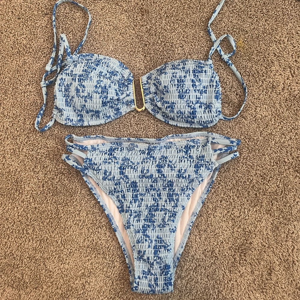 Blue and White Bikini Set M